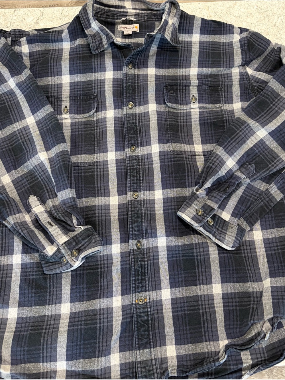 Carhartt Men’s Navy and White Plaid Button-Down Shirt